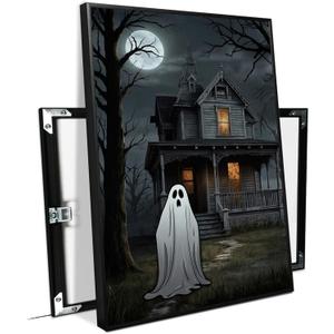 XWNLTEPK Halloween Canvas Wall Art Spooky Ghost Figure Haunted House Poster Moonlit Trees Foreboding Silhouette Wall Print Dark Gray Black Decor Living Room Bedroom (8x12in Black Framed, A05)