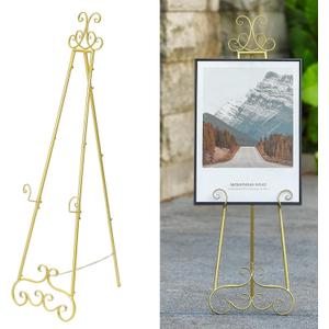 57H Metal Easel Stand for Sign Gold, Upgrade Large Free Standing Adjustable Display Scroll Easel Stand, Heavy Duty for Mirror Pictures Wedding Holder Showcasing with Chain Support
