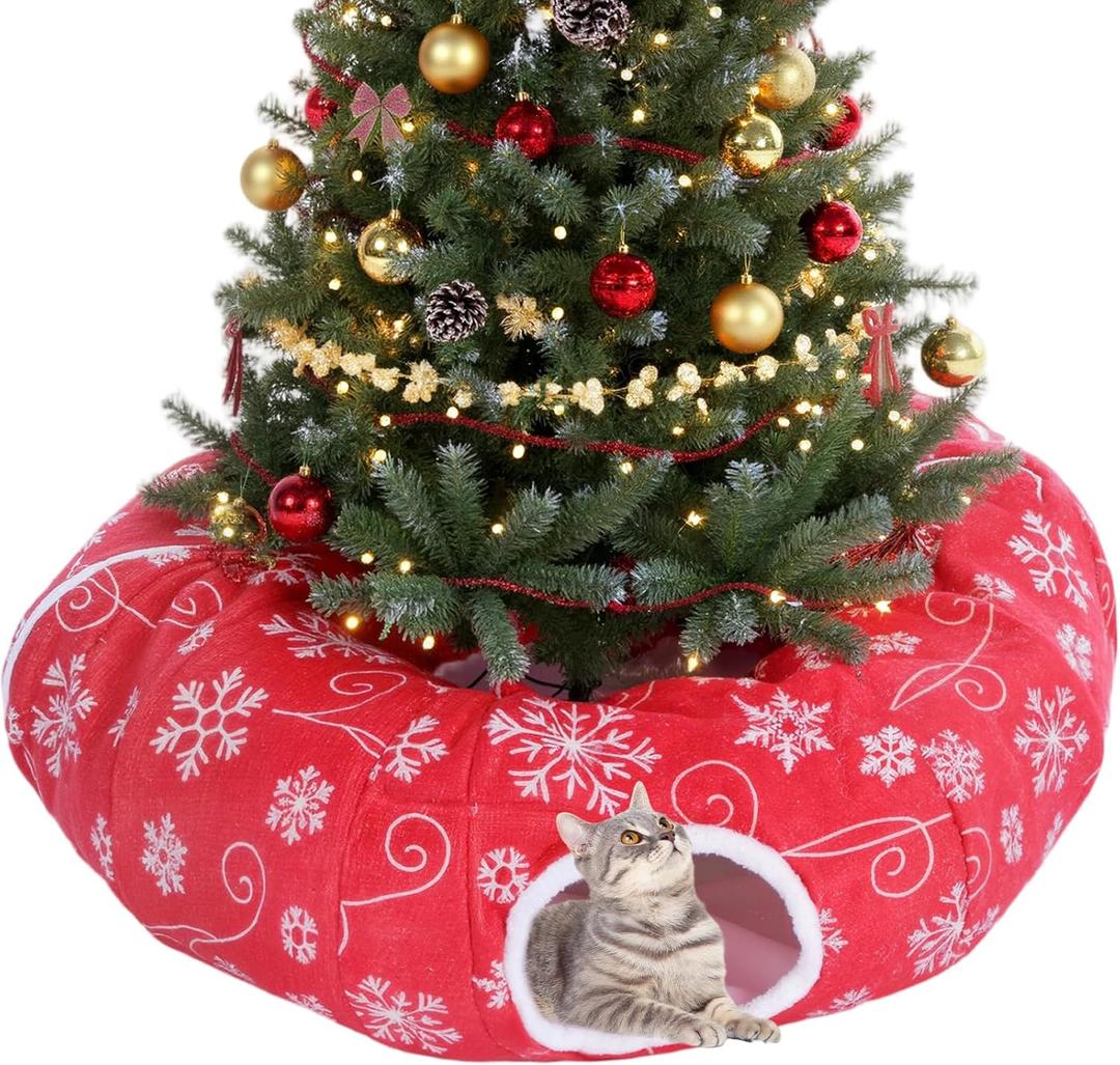 Christmas Tree Cat Tunnel Bed Cat Donut Tunnel Toy Under Christmas Tree Skirt, Flannel Kittens Cave Donut Multifunctional Hide Place for Rabbit Puppy, Snowflake Pattern(Red,White)