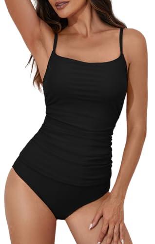 Eomenie Women's Swimsuit Tankini Tummy Control Bathing Suits Two Piece Full Coverage Slim Swim Suits with High Waisted Bottom Black, L