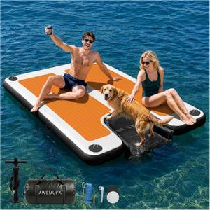 AWEMUFA Inflatable Floating Dock with Ramp 5ft/6ft/8ft/10ft Inflatable Dock Floating Platform, Floating Island Mat Boat Float Lake Floats, Large Rafts Floaties for Adult Pool Ocean Beach Boat Parties
