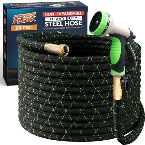 PowerFlow Garden Hose, NON-EXPANDABLE 25 Feet Premium Quality Stainless Steel Metal Water Hose with Durable Fabric Skin, Hose For Commercial, Residential Use, Bonus 10-way Spray Nozzle (25 Ft, Black)