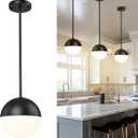 LMS 8-inch Modern Globe Pendant Light Frosted Glass with Black Finish Contemporary Mid Century Adjustable Hanging Light Fixture for Living Room Bedroom Kitchen LMS-186