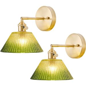 Wall Sconces Set of Two Hardwired, Vintage Wall Light with Gradient Green Glass Lampshade, Bathroom Wall Sconces with Switch, Gold Wall Light Wall Decor Set of 2, Small