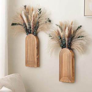 Uipame 2 Pack Wooden Wall Vase Set with Pampas Grass Eucalyptus, Modern Farmhouse Boho Wall Decor for Living Room, Entryway, Hallway, Bathroom, Dining Room, Brown Wall Art for Home Decoration