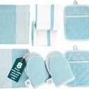 Casa Platino Oven Mitts and Pot Holders Sets, 8-Piece  500F Heat Resistant Mini Oven Mitt with Silicone Grip, Potholders for Kitchens, 2 Kitchen Towels & 2 Dish Cloths  Non-Slip & Durable  Aqua
