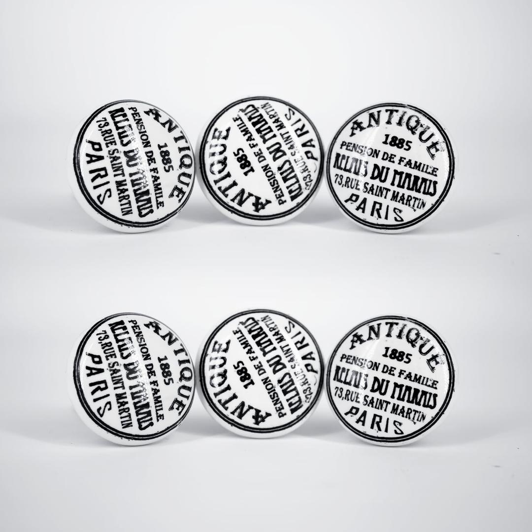 Handmade Black & White Ceramic Stone Cabinet Knobs,Vintage Decorative Drawer Pulls for Trendy Cabinets, Modern Dressers & Cupboards, Knobs for Kitchen & Furniture-Set of 6