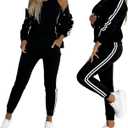 CHICME Women's Three Piece Outfits Striped Tape Patch Tank Tops Bomber Jacket with Sporty Pants Tracksuit Lounge Sets (XL, Black)