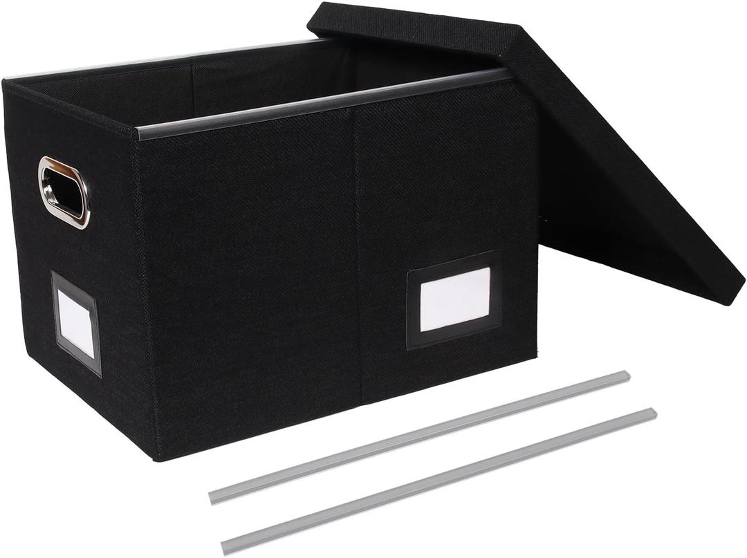 Portable File Organizer Box with Lid, Filing Box with Handle, Multi-Label Slots, Perfect for Office/Home/Decor (Black)
