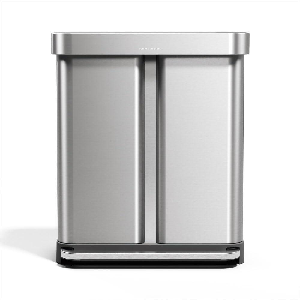 Simplehuman 58 Liter / 15.3 Gallon Rectangular Dual Compartment Recycling Step, Brushed Stainless Steel with Soft-Close Plastic Lid Kitchen Trash Can