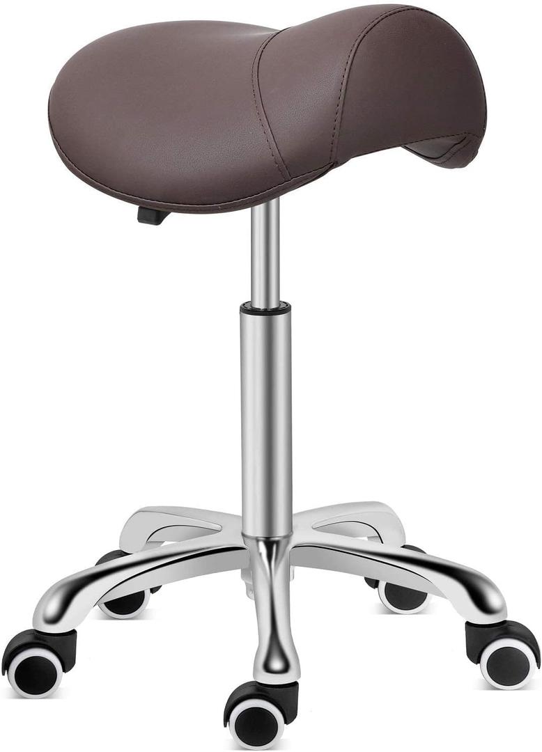 Kaleurrier Saddle Stool Rolling Swivel Height Adjustable with Wheels,Heavy Duty Saddle Chair,Ergonomic Stool Chair for Hair Salon Lab Clinic Dental Massage Home Office Kitchen (Coffee, Without Back)