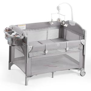 Rinnebbit Baby Bassinets Bedside Sleeper, 4 in 1 Portable Bedside Crib w/Mattress, Diaper Changer, Storage Basket, Music Box, Carry Bag, Foldable Playard Sleeper for Newborn (Light Gray)