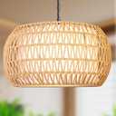 Handwoven Rattan Boho Farmhouse Chandelier - 19" Adjustable 5-Light Pendant for Dining Room & Kitchen Island, Coastal Rustic Ceiling Light