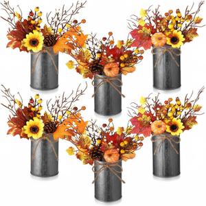 Zeyune 6 Sets Fall Thanksgiving Table Centerpiece Decoration Harvest Artificial Flower Stem Pumpkin Maple Berry Pick with Metal Pot for Autumn Rustic Farmhouse Home Kitchen Dining Indoor Decoration