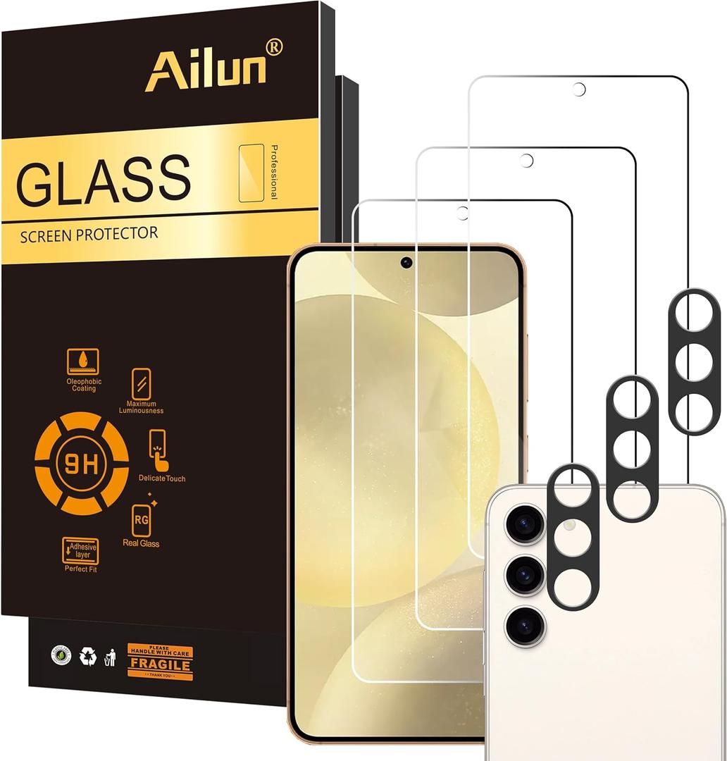Ailun Screen Protector for Galaxy S24 3 Pack + 3 Pack Camera Lens Tempered Glass Fingerprint Unlock Compatible 0.25mm Anti-Scratch Case Friendly Clear - HD (Transparent)