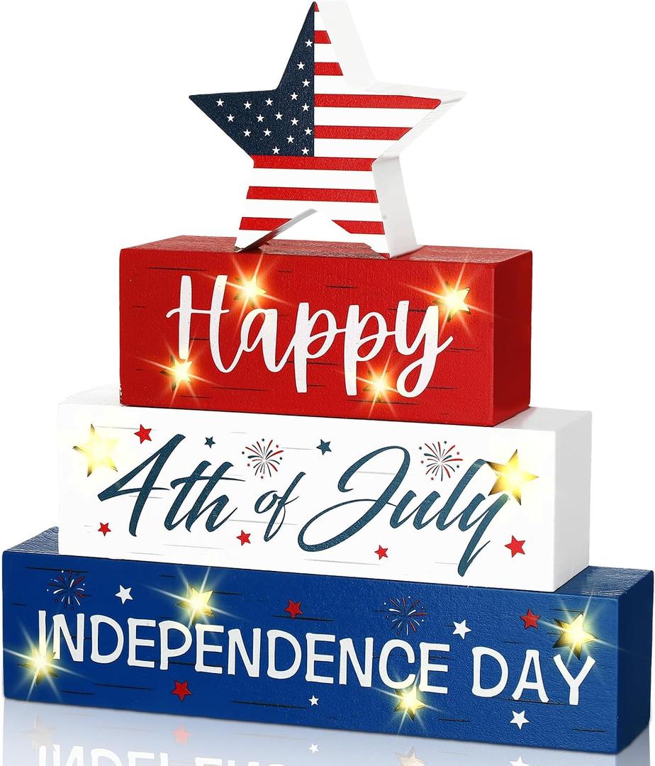 4 Pcs Happy 4th of July Table Decor Red Blue White Patriotic Wooden Sign with LED Memorial Day Decorations for Independence Day 250th Anniversary Home Tiered Tray Decor
