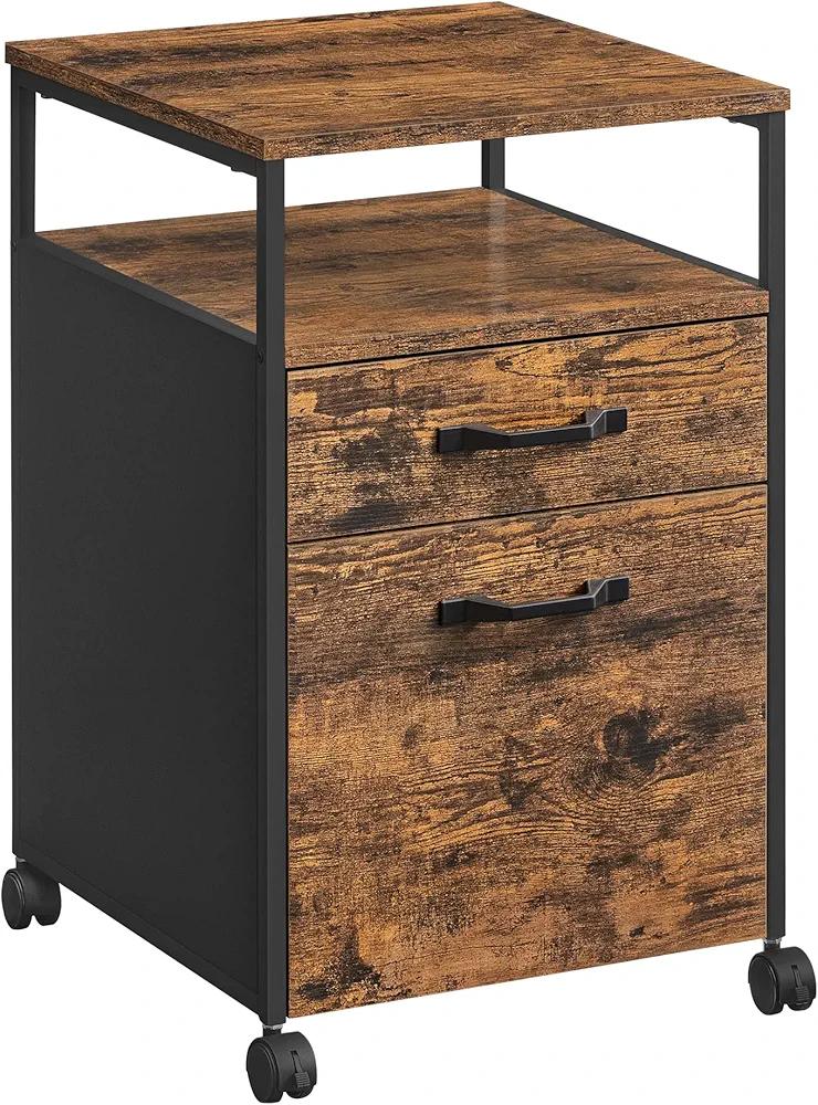 VASAGLE File Cabinet, Mobile Filing Cabinet with Wheels, 2 Drawers, Open Shelf, for A4, Letter Size, Hanging File Folders, Rustic Brown and Ink Black UOFC71X