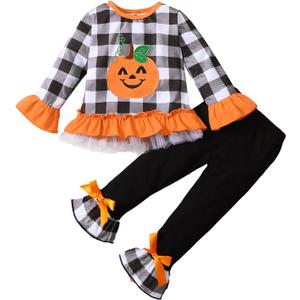 1-6T Toddler Girl Halloween Clothes Set Plaid Pumpkin T-Shirts Tees Pullover Shirts Tops+Flare Pants Outfit Set (Black,   2-3T )