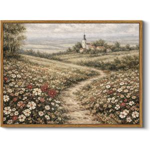HUARCEY Vintage Framed Cottagecore Wildflower Wall Art 12x16, Farmhouse Countryside Landscape Canvas, Meadow Path Rustic Print,Paintings Wall Decor for Living Room Bedroom Hallway