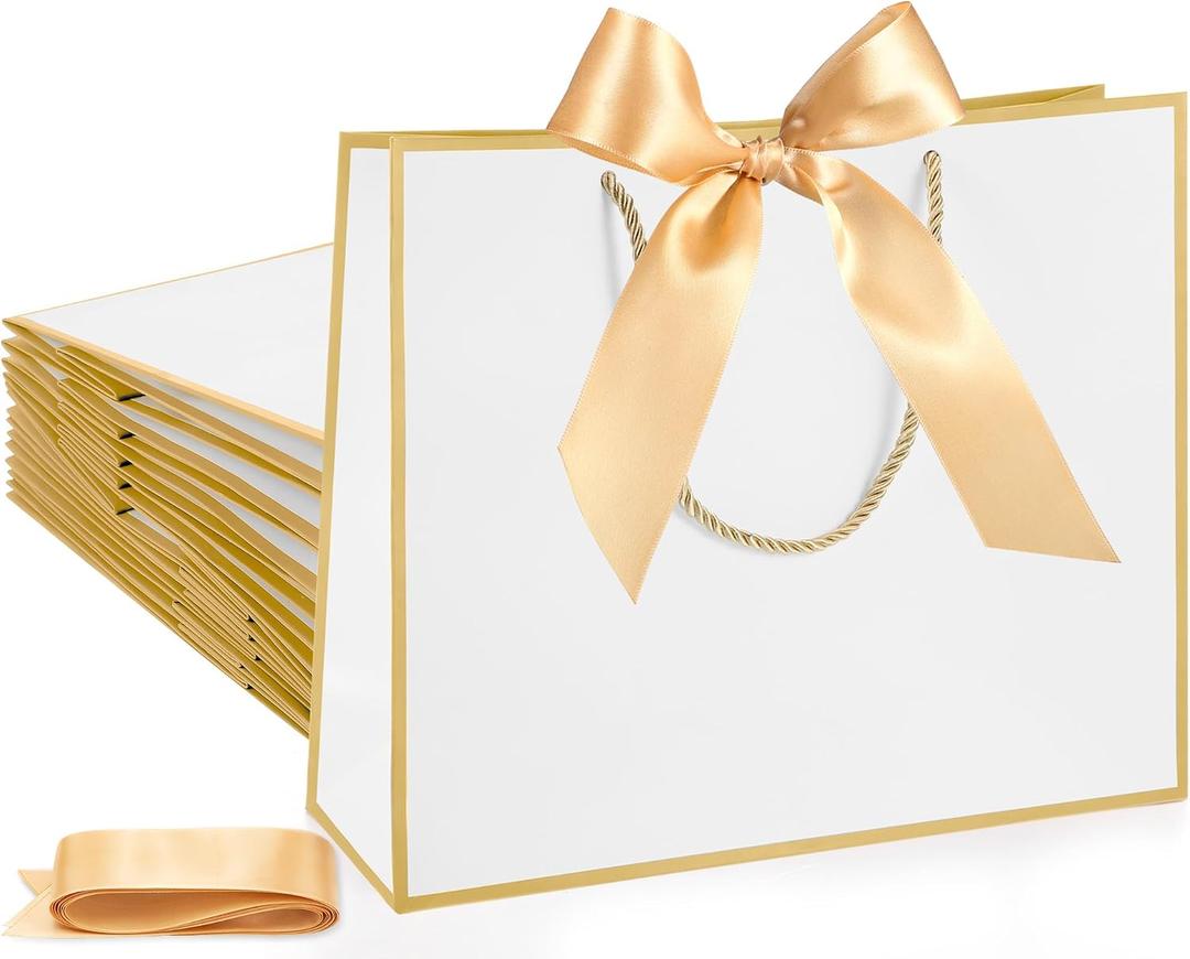 Silkfly 24 Pcs Gift Bags with Handles for Bridesmaid, 12x10x4'' Wedding Welcome Elegant Gift Bags with Bow Ribbon for Graduation Groomsmen Women Baby Shower Birthday Housewarming (White,Gold)