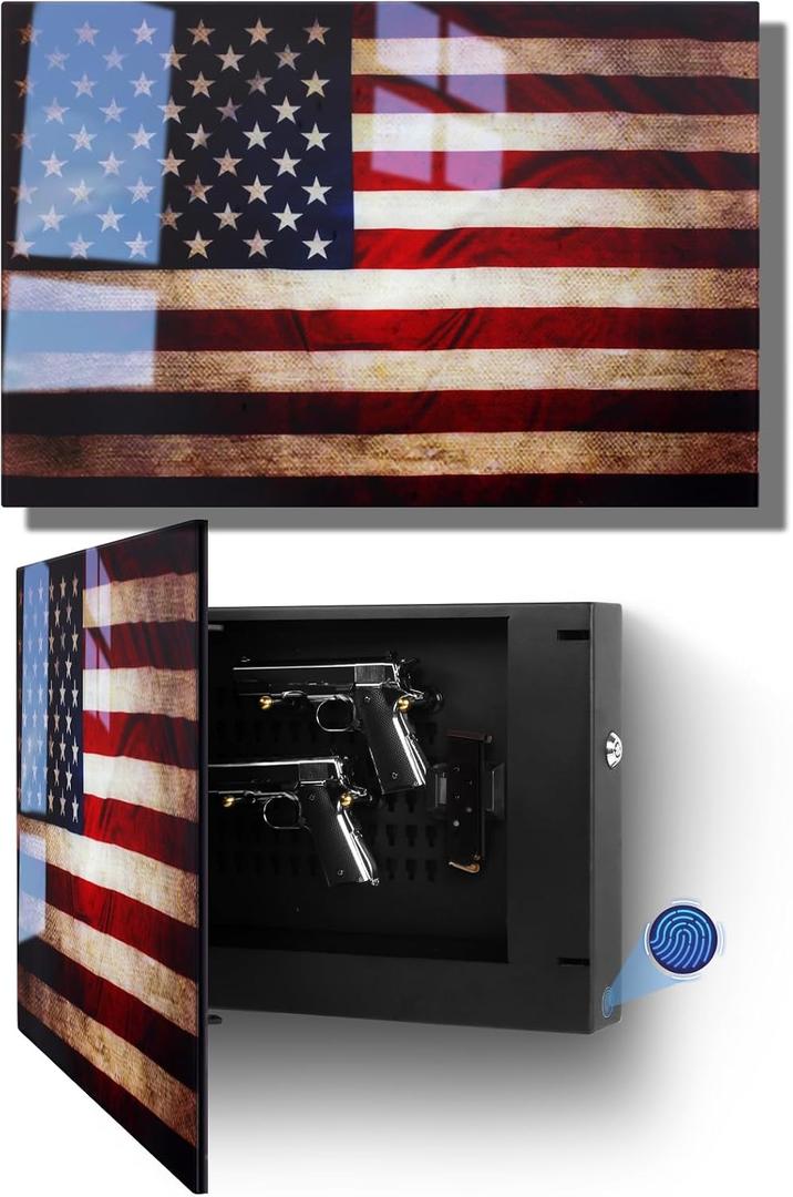 Biometric Hidden Gun Safe fits 2 pistols,Quick Access Hidden Gun Storage with Movable Bracket and Magazine,Wall Mount Gun Safe for Secure Firearm Storage with Fingerprint, Key Access(18.8 inch)