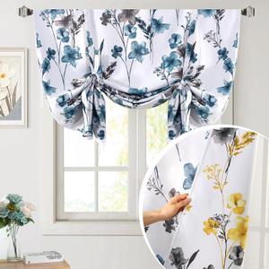 H.VERSAILTEX Tie Up Curtain Double Sided Cattleya Floral Printed Window Valance Balloon Roman Curtain, Rod Pocket 1-Pack, Reversible in Blue/Yellow, W 42 x L 36
