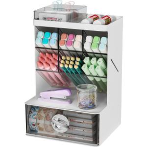 Pen Organizer with Drawer, 6 Compartments Desk Pencil Holder for Stationery & Craft, Multi-Purpose Art Supply Organizers for Office Desktop, Vanity, Bathroom, Pantry & Home Storage