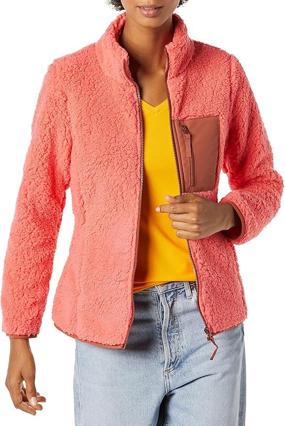 Amazon Essentials Women's Sherpa Long-Sleeve Mock Neck Full-Zip Jacket with Woven Trim XXL