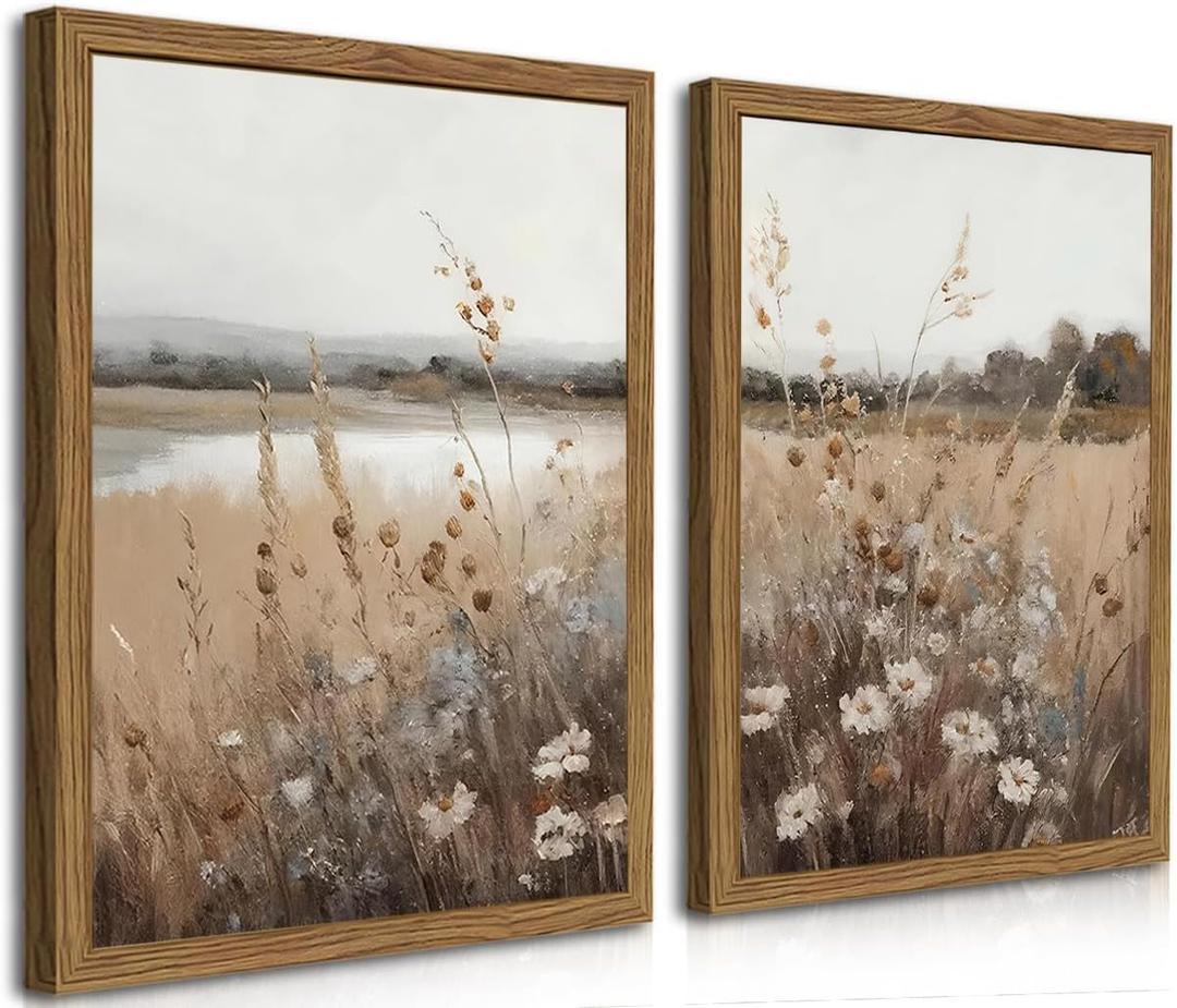 Framed Vintage Wildflower Wall Art Set of 2, Retro Country Floral Canvas Wall Decor Paintings, Farmhouse Field Landscape Posters Prints for Bedroom Bathroom Living Room Home Decor 16x24In Wood Frame, 24l" X 16w"