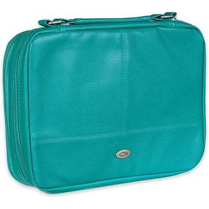 Inspirational Vegan Leather Two-fold Organizer Bible Cover for Women, Jesus Fish Badge, Sturdy Carry Handle, Pen Loops, Pockets, Pen/Highlighter Combo & Notepad, Turquoise