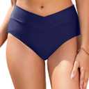 Women V Cut Full Coverage Bikini Bottom - High Waist Swim Bathing Suit Bottoms Cross V Front Swimsuit (Medium)