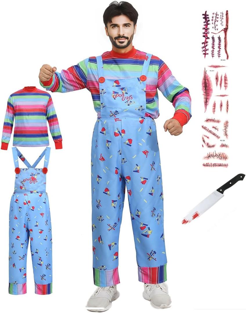 Halloween Chucky Costume for Kids Adult Good Guys Doll Childs Play Cosplay Jumpsuit Includes Tattoo Scars and Prop Knife (X-Large)