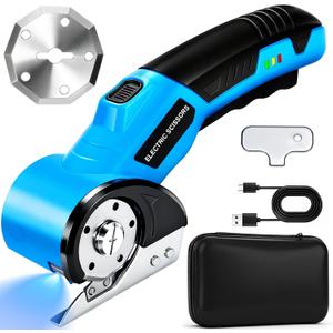 Cordless Electric Scissors, Rechargeable Rotary Cardboard Cutter, Automatic Box Cutter with LED Light, Safety Lock, Extra Blades, Electric Scissors for Fabric Leather Carpet Plastic Cloth Carton, Blue