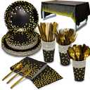 176 Pieces Gold Disposable Party Dinnerware Set &Golden Dot Disposable Party Dinnerware - Black Paper Plates Napkins Cups, Gold Plastic Forks Knives Spoons