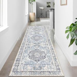 Domitapis Runner Rug 2x8, Vintage Boho Rug,Ultra-Soft Low Pile, Washable, Non Slip,Stain Resistant Printed Carpet for Hallway Kitchen Living Room Bedrooms Playroom Office, Light Blue