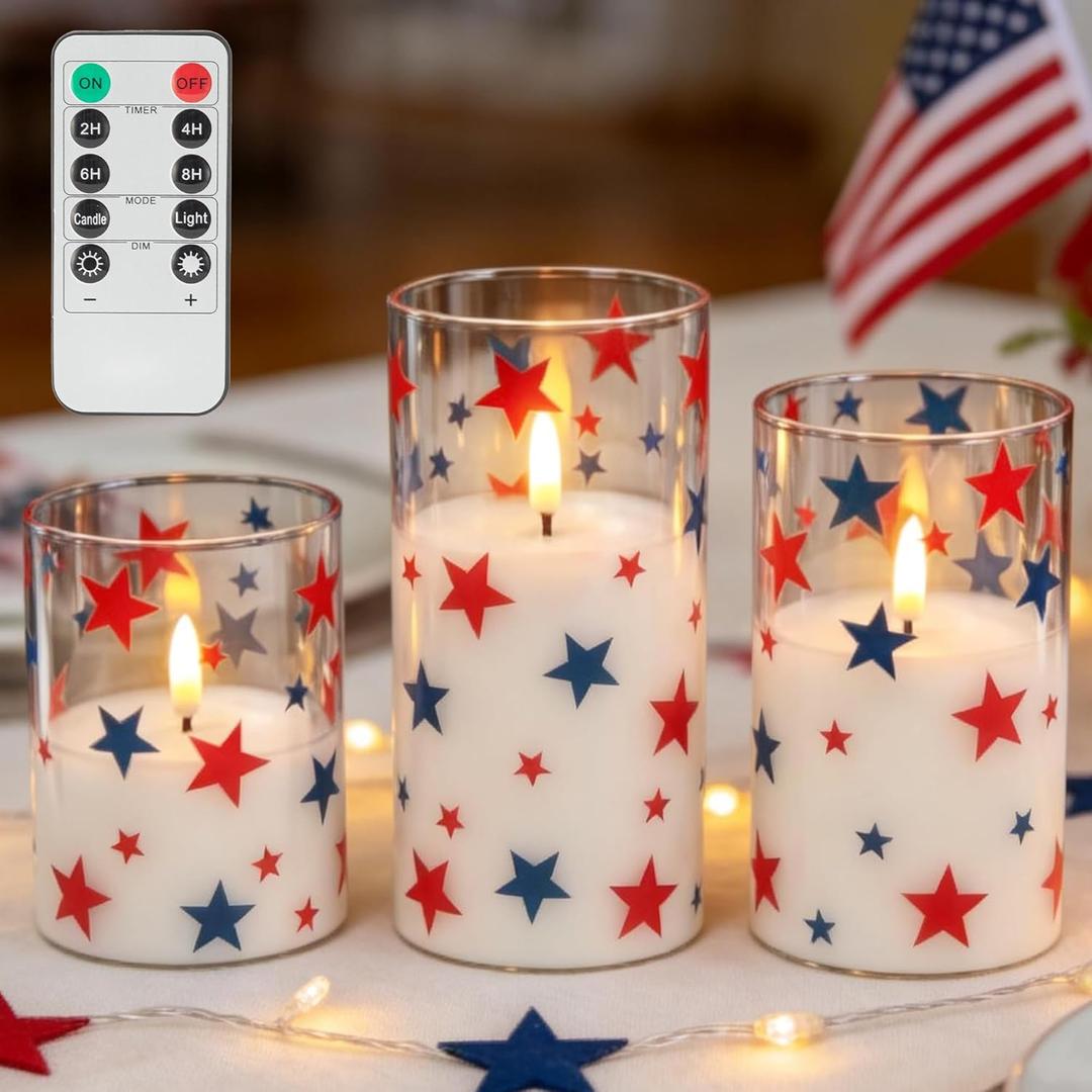 LUSHARBOR Patriotic Flameless Candles with Remote, 4th of July Battery Operated Candles with Star Decor, Set of 3 Glass LED Electric Candles for Home Party Patriotic Holiday Decor