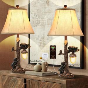 LOKHOM Rustic Western Bear Table Lamp with Nightlight Set of 2, 26" Rustic Bedside Lamp with USB & Type C, Touch Control Natural Bears Table Lamp for Bedroom Living Room Foyer Office (Brown1)