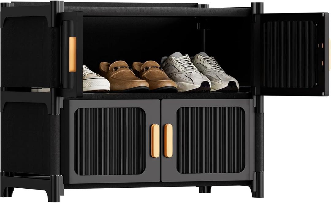 Shoe Rack, 3 Tier Shoe Storage Cabinet with 2 Doors, 9 Pair Plastic Shoe Cabinet with Waterproof, Outdoor Shoe Shelves Organizer for Entryway, Bedroom, Hallway,Living Room, Black