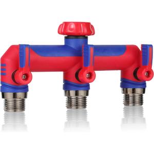 3 way Hose SplitterGarden Hose Connector and Outdoor Faucet Splitter,with Shutoff Valves Hoses Adapter -T Water Spigot Splitter Water Pipe Connector3/4" GHT Thread For Home Outdoor Gardenred blue
