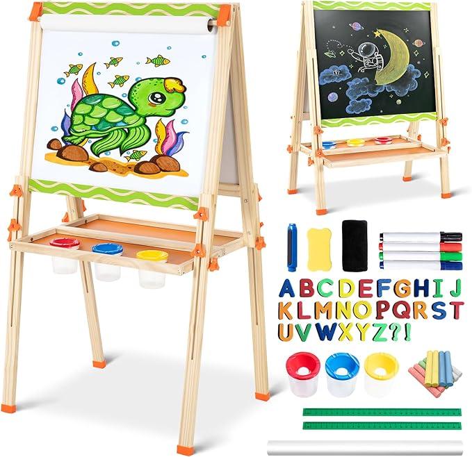 Wooden Art Easel for Kids, Double Sided Foldable Easels for Toddlers 3,4,5,6,7,8,9,10 Years, Adjustable Standing Kids Easel with Accessories, Perfect Painting Gifts for Boys&Girls