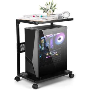 PC Stand Computer Tower Stand 2-Tier Metal CPU Holder with Locking Caster Wheels Suitable for Most PC (S,Black)