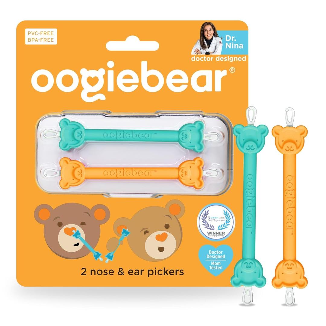 oogiebear: Baby Nose Cleaner & Ear Wax Removal Tool - Safe Booger & Earwax Removal for Newborns, Infants, Toddlers - Dual-Ended - Essential Baby Stuff, Diaper Bag Must-Have, Orange & Seafoam with case (2 Pack - Orange & Seafoam w/ Case)
