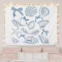 AQYIP Coquette Blue Bow Seashell Ocean Beach Tapestry Wall Hanging, Preppy Beach Tapestry Decorative, Blue Coastal Wall Blanket Decor for Girls Room Dorm Apartment Bedroom, 50x60 Inch
