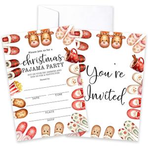 Christmas Party Invitations, Winter Christmas Pajama Fill In Invite Cards, Xmas Holiday Invite For Party Decor Supplies Favors, 25 Xmas Invitations With 25 Envelopes, Double Sided Design- G03