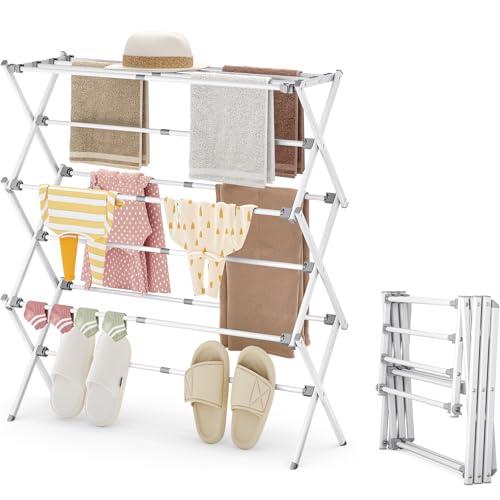 APEXCHASER Drying Rack Clothing - 3 Tier Metal Clothes Drying Rack Collapsible, Laundry Drying Rack Expandable, Small Clothe Airer for Baby Clothes Towel Bib Sock Indoor Outdoor Use(White)