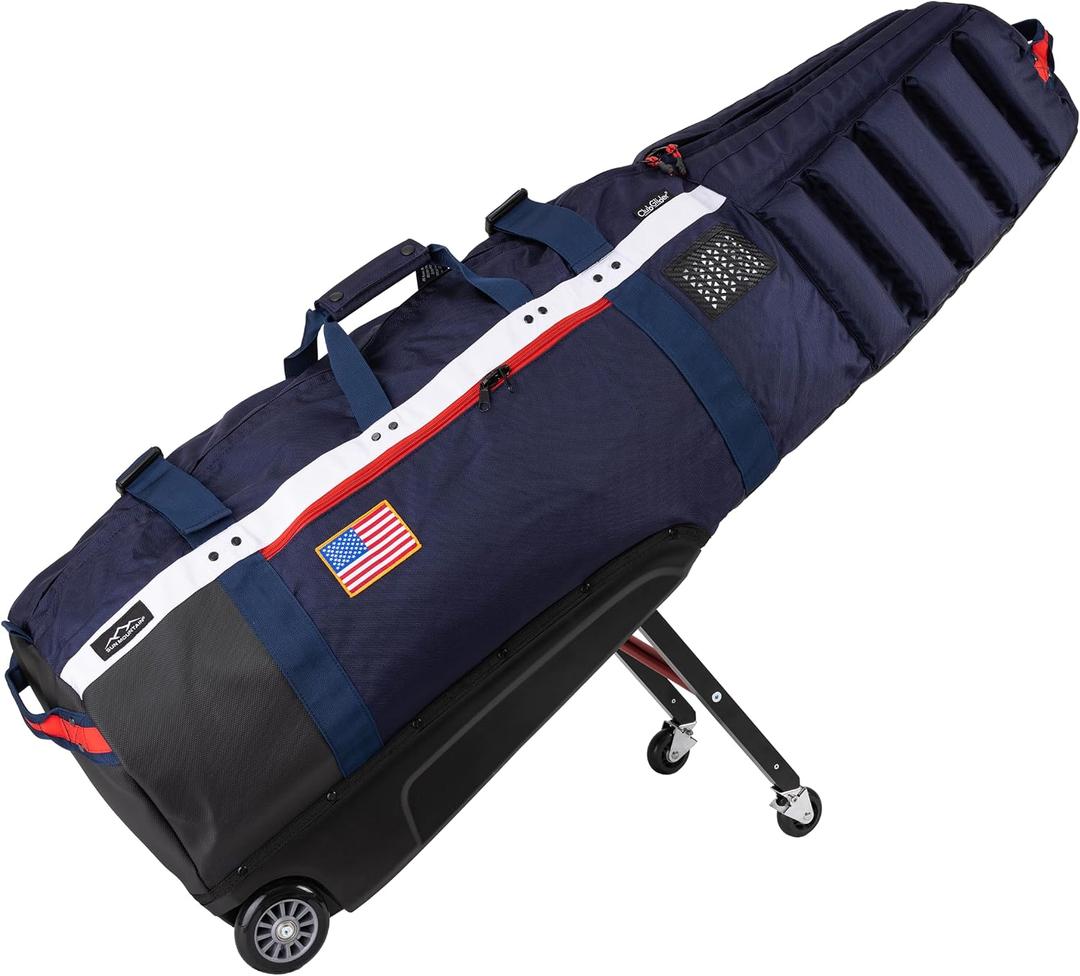 Sun Mountain ClubGlider Meridian Golf Travel Bag, 4-Wheel Rolling Retractable-Leg System, Navy-White-Red