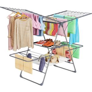 Clothes Drying Rack, Foldable 2-Level Laundry Racks for Drying Clothes Rack,Stainless Steel Drying Rack Clothing Collapsible for Indoor Outdoor,with Height-Adjustable Wings,33 Drying Rails,Gray