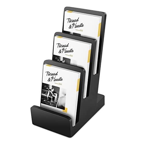 DOSTATNI 3-Tier Pine Wood Literature Holder Black Trifold Brochure Organizer Countertop Book Display Rack Pamphlet Display Stand Flyer Holder Literature Holder for Magazine Booklets Pamphlet Menu