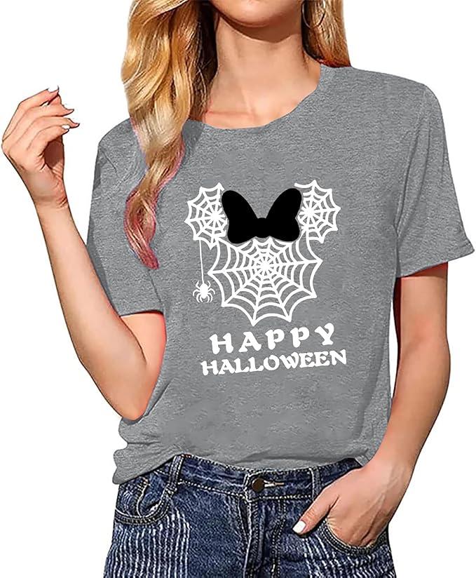 Halloween T Shirts for Women Spider Web Doodles Funny Graphic Tees Fashion Casual Short Sleeve Summer Tops