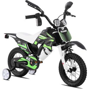 KEANO Motocross Style Kids Bike for Boys Girls Ages 3-7 Years, 12 & 16 Inch Bikes with Training Wheels and Number Plate, Children Bicycles Black (Green)
